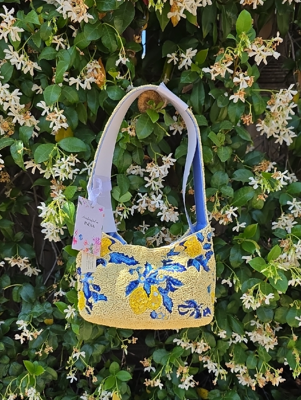 Handcrafted Yellow Lemons & Blue Floral Beaded Shoulder Bag